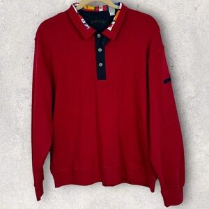 Orvis Flag Collar Red Knit Pullover Collared Sweater Size XL Elbow Patch Knit